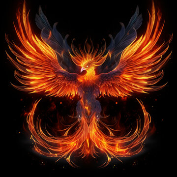 Phoenix. Fire Phoenix risen from the ashes. Firebird. Burning bird. dark background. Generative AI