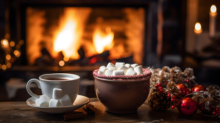 Hot Chocolate with Marshmallow and Christmas Decorations in a Fireplace Lit, Christmas Atmosphere, High-Quality 4K