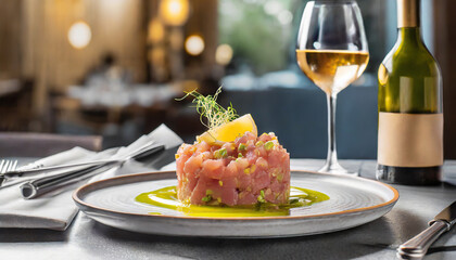 Tuna tartare on a restaurant table with a glass of wine, commercial banner