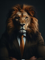 Portrait of man in suit with lion head and gray background with volumetric lighting.