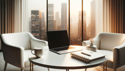 Laptop and coffee cup in modern living room interior with city view. Workplace and lifestyle concept. Generative AI