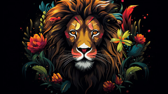 Majestic fairy tale colorful Lion Head with decorative flowers in Watercolor style. Generative AI