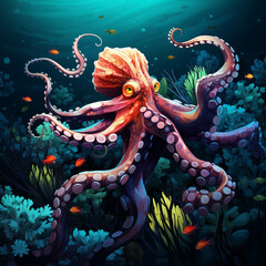 Majestic fairy tale colorful octopus with decorative coral reef in Watercolor style. Generative AI