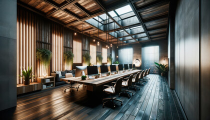 Interior of modern office room with wooden walls and wooden floor. Generative AI