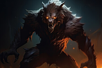 Fototapeta premium a werewolf at night. Red eyes, creature of the night. Classic monster. Horror story.