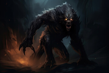 a werewolf at night. Red eyes, creature of the night. Classic monster. Horror story. - obrazy, fototapety, plakaty
