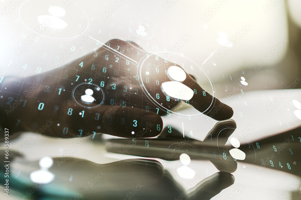 Poster double exposure of social network icons concept and hand working with a digital tablet on background