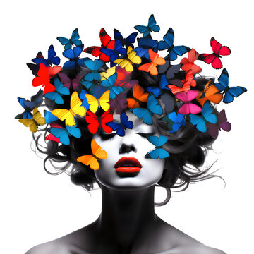  woman with butterflies in her hair on transparent background Generative AI