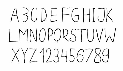 Scribble uppercase black english A to Z alphabet latin abc font and digits 0 to 9 set. Vector illustration in doodle hand written style isolated on white background. For naming, menu, learning, logo. - obrazy, fototapety, plakaty