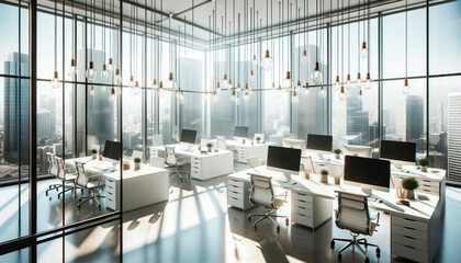Fototapeta na wymiar Interior of modern open space office with panoramic windows and city view. Generative AI