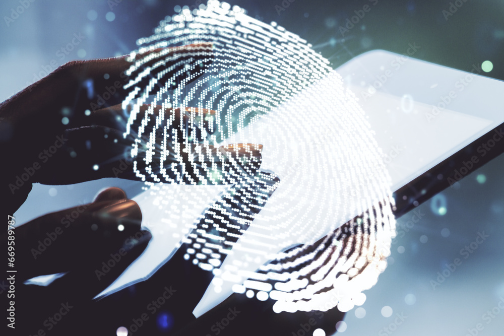 Poster abstract creative fingerprint concept with finger clicks on a digital tablet on background. multiexp