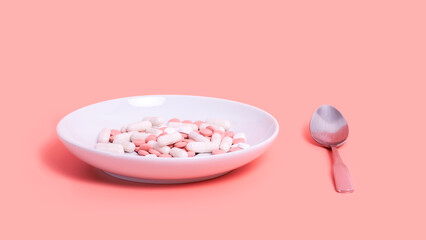 White and pink weight loss pills and capsules in white plate with spoon on pink background. Medical...