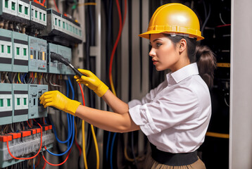 A professional woman working as a commercial electrician is seen attending to a fuse box, dressed in safety gear and helmet, showcasing her expertise and dedication to her job.