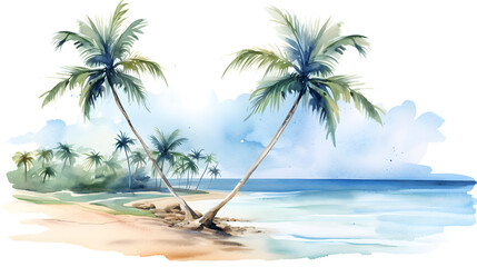 watercolor palm trees on the beach, sea.