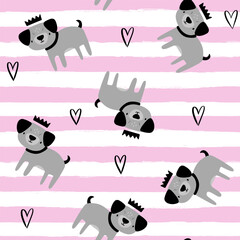 Obraz premium cute hand drawn pug puppy on a pink stripes background, kids semless pattern for textile or wrapping paper