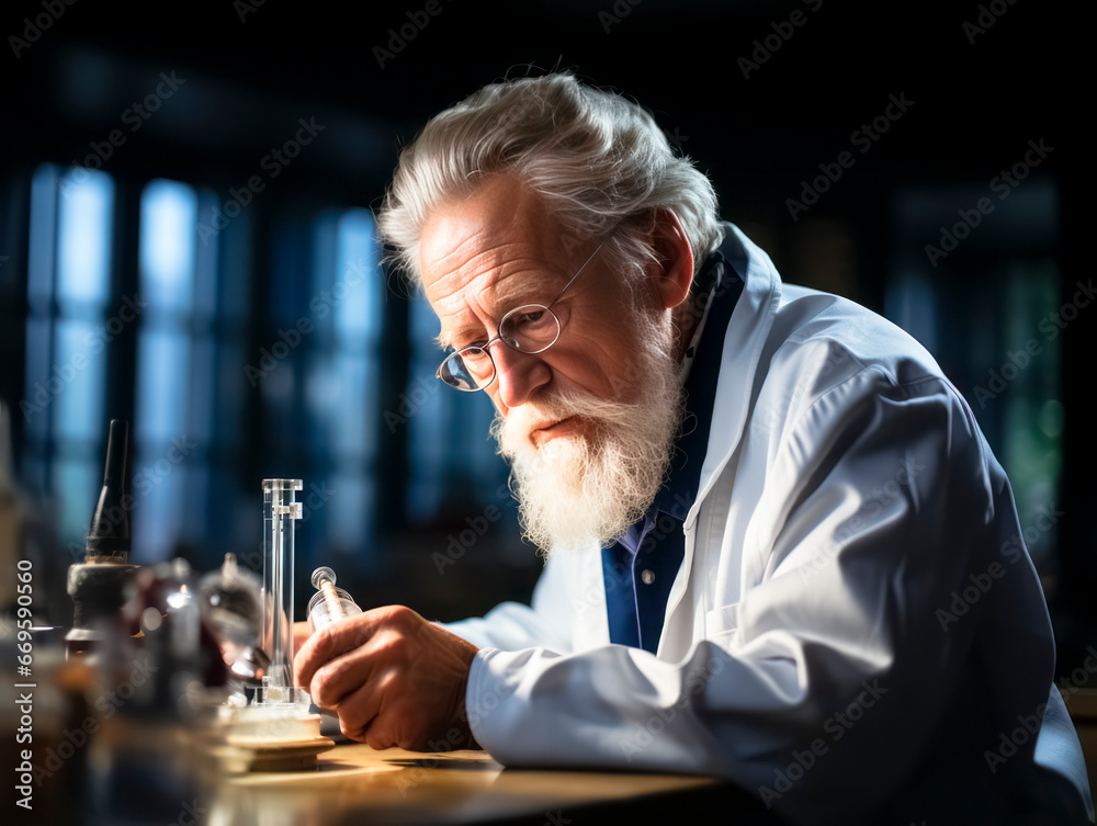 Poster senior scientist working in a laboratory. he is carrying out scientific research. generative ai