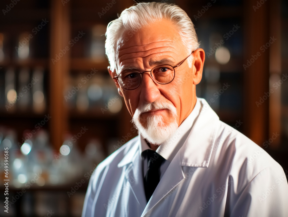Poster portrait of a senior male scientist working in a laboratory. he is wearing a white coat and black ti