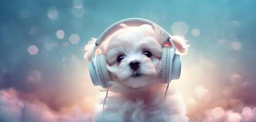 Cute white Yorkshire terrier puppy with light blue headphones with blurred lights and clouds in the background. Desktop concept. Copy space. - obrazy, fototapety, plakaty