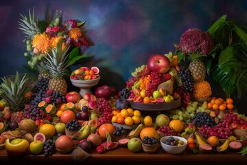 Obraz na płótnie Canvas a vibrant backdrop adorned with a variety of fruits. Generative AI