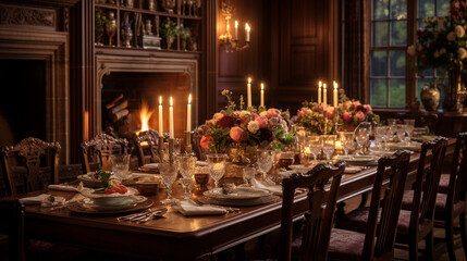 Fototapeta na wymiar An elegant dining room with a long wooden table set for a formal dinner, bathed in soft candlelight