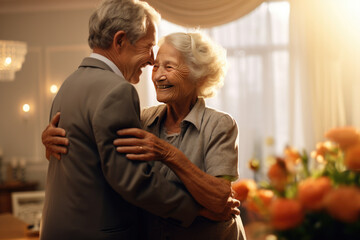 Romantic loving elderly couple at home
