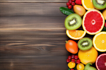 Delicious ripe fruits on a wooden background