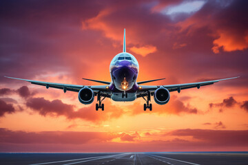 Fototapeta na wymiar Commercial airplane taking off into colorful sky at sunset or sunrise