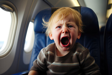 Unhappy toddler boy having a temper tantrum while travelling by plane