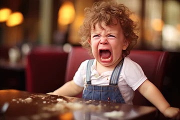Rolgordijnen Unhappy toddler boy having a temper tantrum in cafe or restaurant © Ekaterina Pokrovsky
