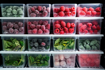 Plastic containers with different frozen fruits and vegetables inside freezer