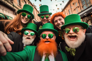 Happy people in St Patrick's Day outfits with beer taking selfie outdoors - Powered by Adobe