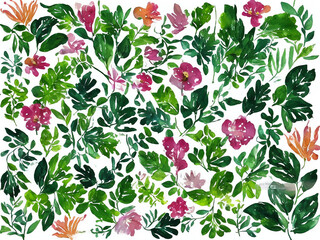 Set of luxury green leaves and flowers elements in watercolor and ink style. Aquarelle and line branches and blooming
