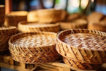 Woman weaving wicker basket indoors. AI Generated