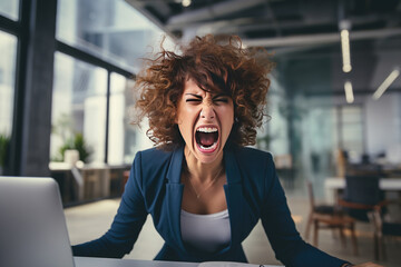 Stressed angry female employee screaming at her workplace - obrazy, fototapety, plakaty