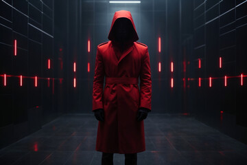 Creepy silhouette in the dark red illuminated abandoned building. Horror about maniac concept. hacker in a red hoodie looking towards data