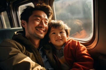 Happy and cheerful Asian family father and son travel together by train and enjoying a memorable and beautiful view out of the window