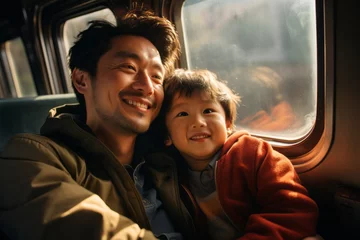 Foto op Plexiglas Happy and cheerful Asian family father and son travel together by train and enjoying a memorable and beautiful view out of the window © Soffee