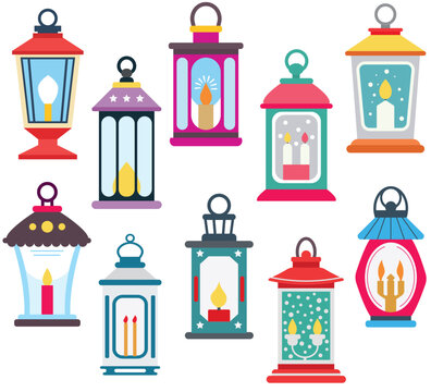 Set of vintage lanterns. Clipart holiday lanterns. Decorative elements for invitations and cards. Vintage carving lamps. 