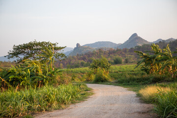 Country road down from the hill, mountain far away ahead, Thailand.