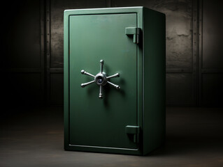 Green metal safe on a dark background. Generative AI