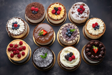 various delicious prepared cakes and pastries, top view - obrazy, fototapety, plakaty