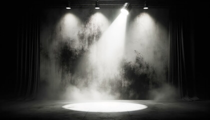 Theater stage with spotlights and smoke. Generative AI