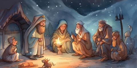 Fototapeta na wymiar Watercolor painting of a scene from the nativity of Jesus. Generative AI.