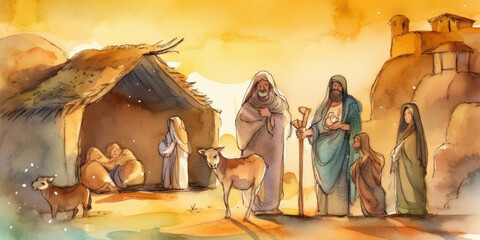Watercolor painting of a scene from the nativity of Jesus. Generative AI. - obrazy, fototapety, plakaty