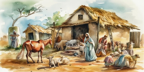 Watercolor painting of a scene from the nativity of Jesus. Generative AI.