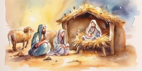 Watercolor painting of a scene from the nativity of Jesus. Generative AI.