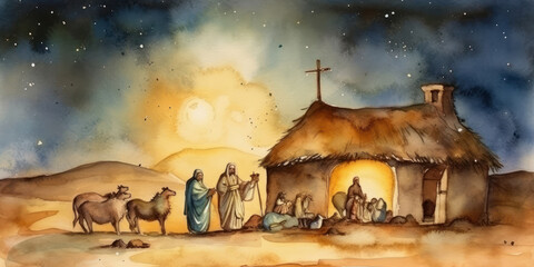 Watercolor painting of a scene from the nativity of Jesus. Generative AI. - obrazy, fototapety, plakaty