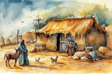 Watercolor painting of a scene from the nativity of Jesus. Generative AI.