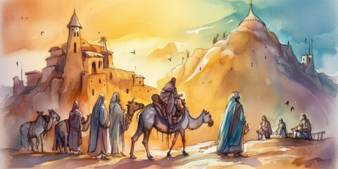 Watercolor painting of a scene from the nativity of Jesus. Generative AI.