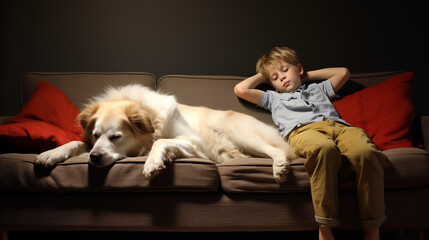 copy space, stockphoto, A boy relaxing on a sofa with a dog, in the living room. Friendship between a dog and a boy. Relax time with a young boy and his dog.